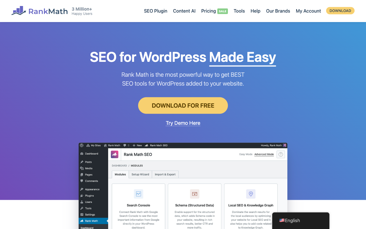 Rank Math homepage screenshot