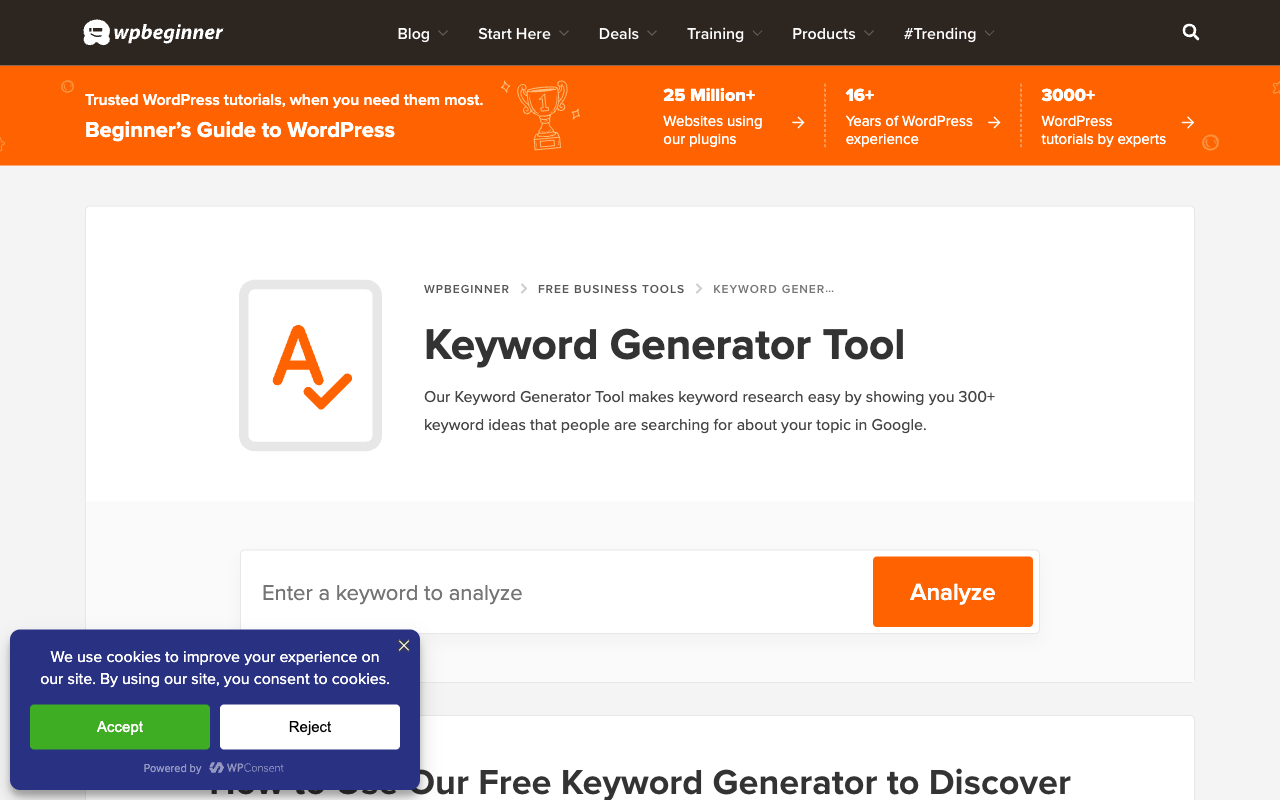 WPBeginner Keyword Generator homepage screenshot